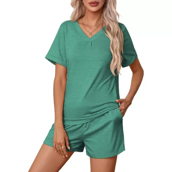 Ekouaer Pajamas Set Womens Short Sleeve V Neck Tee Top and Shorts Sleepwear 2 Piece PJ Sets SXXLGreen