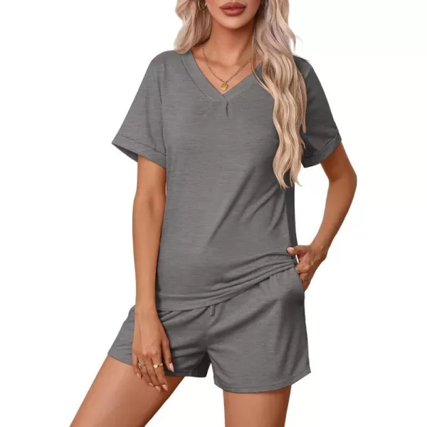 Ekouaer Pajamas Set Womens Short Sleeve V Neck Tee Top and Shorts Sleepwear 2 Piece PJ Sets SXXLGrey