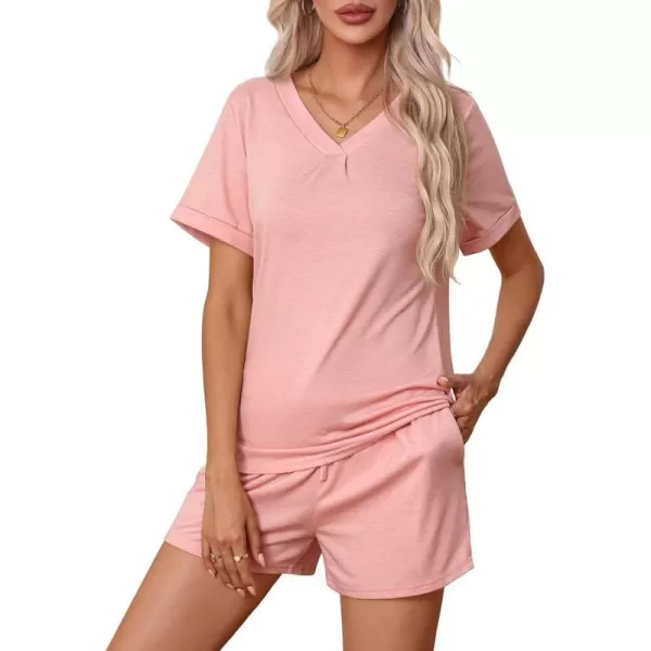 Ekouaer Pajamas Set Womens Short Sleeve V Neck Tee Top and Shorts Sleepwear 2 Piece PJ Sets SXXLPink