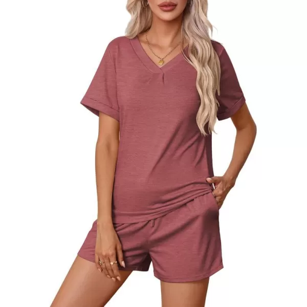 Ekouaer Pajamas Set Womens Short Sleeve V Neck Tee Top and Shorts Sleepwear 2 Piece PJ Sets SXXLWine