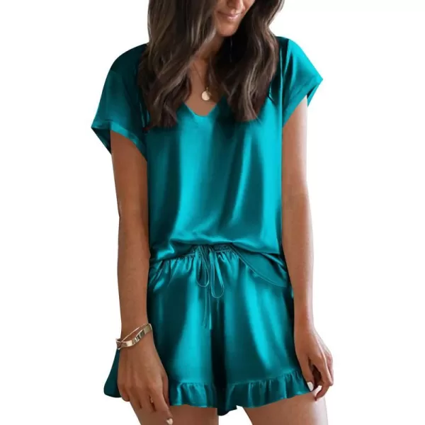 Ekouaer Satin Pajamas for Women Short Sleeve Silk Sleepwear Two Piece Pj Sets with Ruffled Shorts Casual LoungewearBlue Green