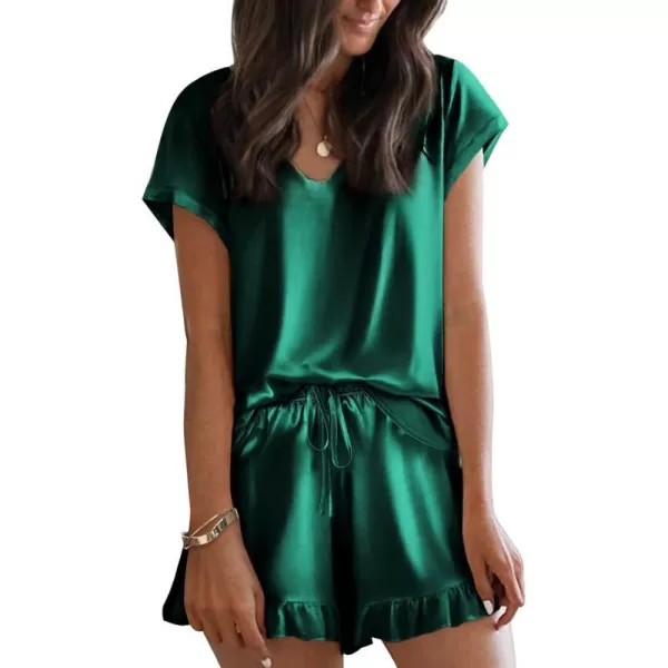 Ekouaer Satin Pajamas for Women Short Sleeve Silk Sleepwear Two Piece Pj Sets with Ruffled Shorts Casual LoungewearGreen