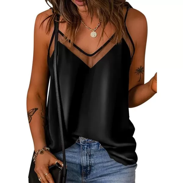 Ekouaer Silk Tank Top for Women Mesh V Neck Satin Camisole Silky Sleeveless Tank Cami ShirtAblack