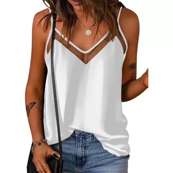 Ekouaer Silk Tank Top for Women Mesh V Neck Satin Camisole Silky Sleeveless Tank Cami ShirtBwhite