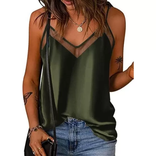 Ekouaer Silk Tank Top for Women Mesh V Neck Satin Camisole Silky Sleeveless Tank Cami ShirtCarmygreen