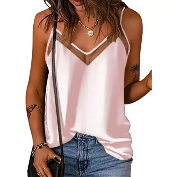 Ekouaer Silk Tank Top for Women Mesh V Neck Satin Camisole Silky Sleeveless Tank Cami ShirtClight Pink