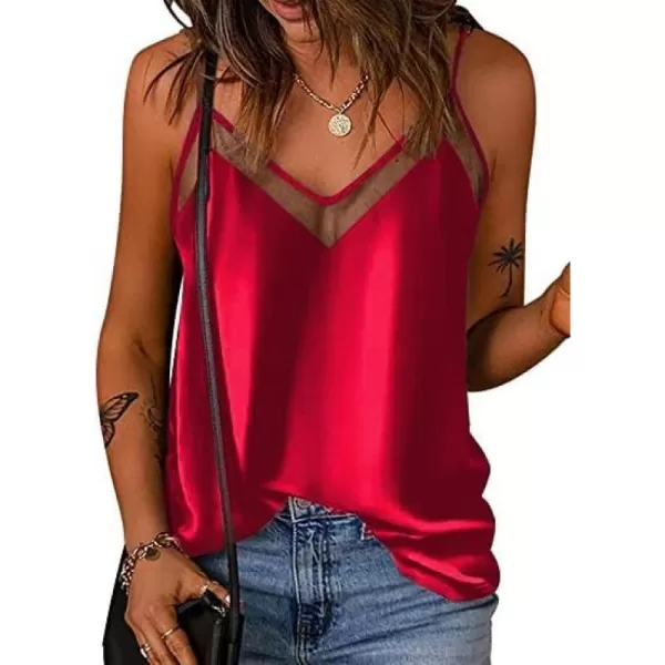 Ekouaer Silk Tank Top for Women Mesh V Neck Satin Camisole Silky Sleeveless Tank Cami ShirtCtrue Red