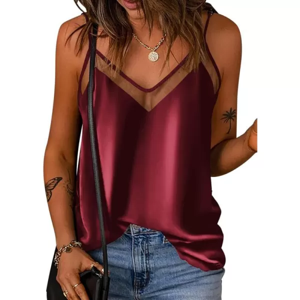 Ekouaer Silk Tank Top for Women Mesh V Neck Satin Camisole Silky Sleeveless Tank Cami ShirtRed