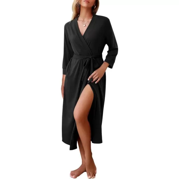 Ekouaer Women Robe Long Knit Bathrobe Lightweight Soft Knit Sleepwear Casual Loungewear with Attached beltBlack