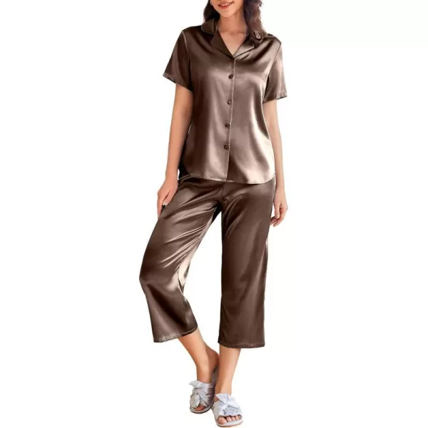 Ekouaer Women Satin Pajamas Set Short Sleeve Sleepwear Silk Button Down Nightwear TwoPiece Loungewear Pjs SetBrown