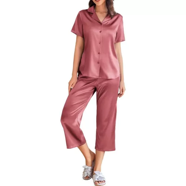 Ekouaer Women Satin Pajamas Set Short Sleeve Sleepwear Silk Button Down Nightwear TwoPiece Loungewear Pjs SetDusty Rose