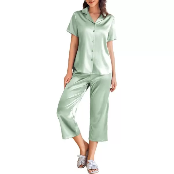 Ekouaer Women Satin Pajamas Set Short Sleeve Sleepwear Silk Button Down Nightwear TwoPiece Loungewear Pjs SetGossamer Green