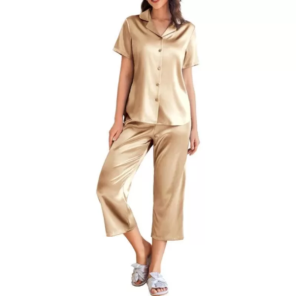 Ekouaer Women Satin Pajamas Set Short Sleeve Sleepwear Silk Button Down Nightwear TwoPiece Loungewear Pjs SetKhaki