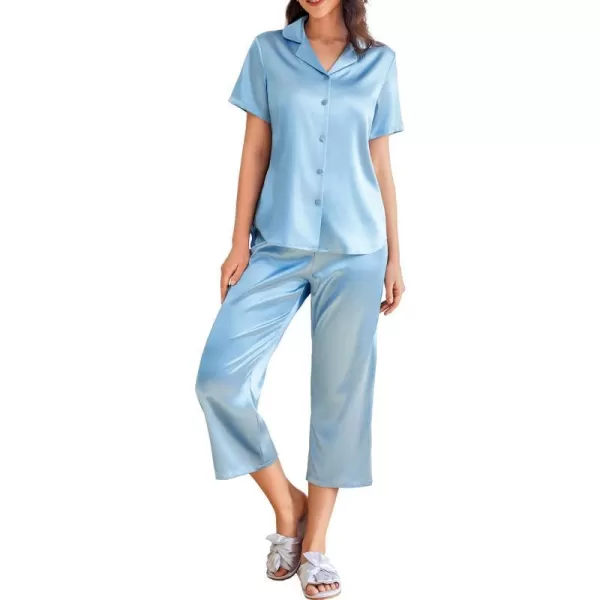 Ekouaer Women Satin Pajamas Set Short Sleeve Sleepwear Silk Button Down Nightwear TwoPiece Loungewear Pjs SetLight Blue