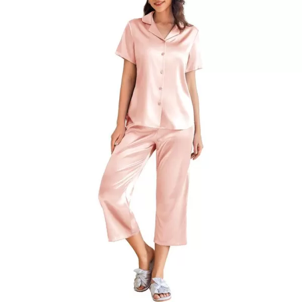 Ekouaer Women Satin Pajamas Set Short Sleeve Sleepwear Silk Button Down Nightwear TwoPiece Loungewear Pjs SetLight Pink