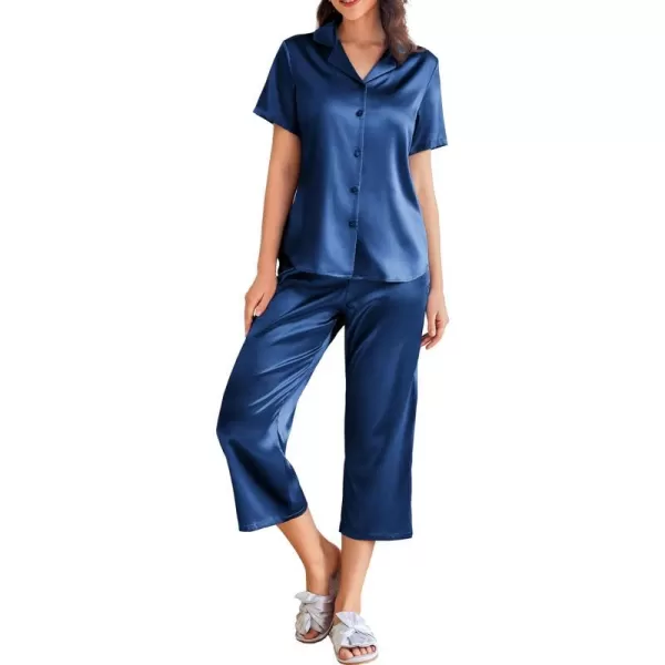 Ekouaer Women Satin Pajamas Set Short Sleeve Sleepwear Silk Button Down Nightwear TwoPiece Loungewear Pjs SetNavy Blue