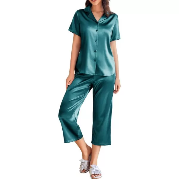 Ekouaer Women Satin Pajamas Set Short Sleeve Sleepwear Silk Button Down Nightwear TwoPiece Loungewear Pjs SetPeacock Blue