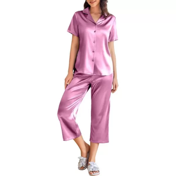 Ekouaer Women Satin Pajamas Set Short Sleeve Sleepwear Silk Button Down Nightwear TwoPiece Loungewear Pjs SetPurple