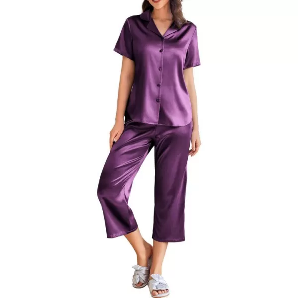 Ekouaer Women Satin Pajamas Set Short Sleeve Sleepwear Silk Button Down Nightwear TwoPiece Loungewear Pjs SetPurple Wine