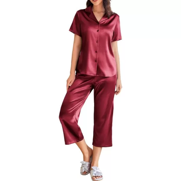 Ekouaer Women Satin Pajamas Set Short Sleeve Sleepwear Silk Button Down Nightwear TwoPiece Loungewear Pjs SetRed