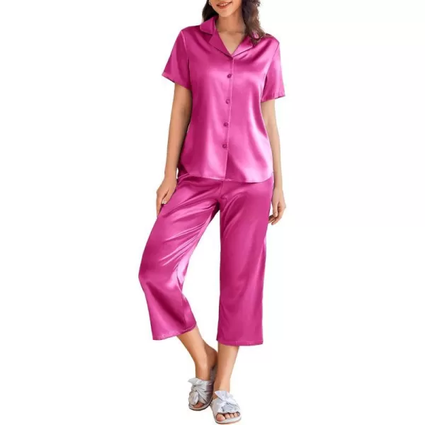 Ekouaer Women Satin Pajamas Set Short Sleeve Sleepwear Silk Button Down Nightwear TwoPiece Loungewear Pjs SetRose Red