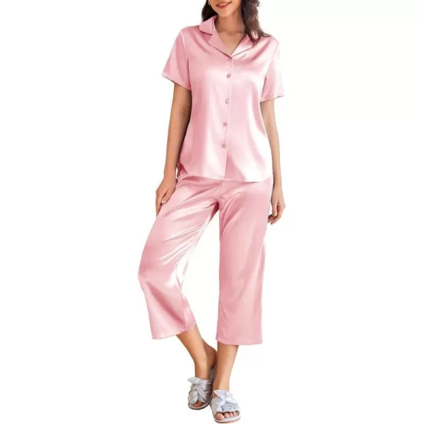 Ekouaer Women Satin Pajamas Set Short Sleeve Sleepwear Silk Button Down Nightwear TwoPiece Loungewear Pjs SetVeiled Rose