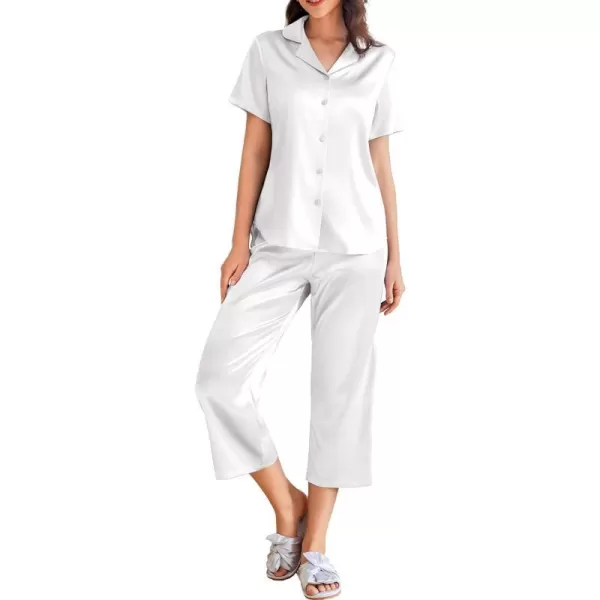 Ekouaer Women Satin Pajamas Set Short Sleeve Sleepwear Silk Button Down Nightwear TwoPiece Loungewear Pjs SetWhite