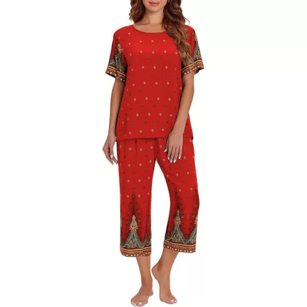 Ekouaer Womens Capri Pajama Sets Short Sleeve Shirt and Capri Pants with Pockets Sleepwear Pjs SetsFloral Red