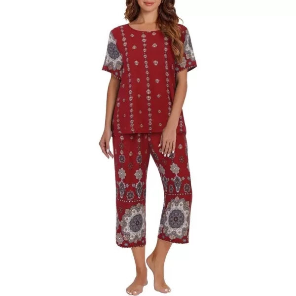 Ekouaer Womens Capri Pajama Sets Short Sleeve Shirt and Capri Pants with Pockets Sleepwear Pjs SetsFloral Wine Red 2