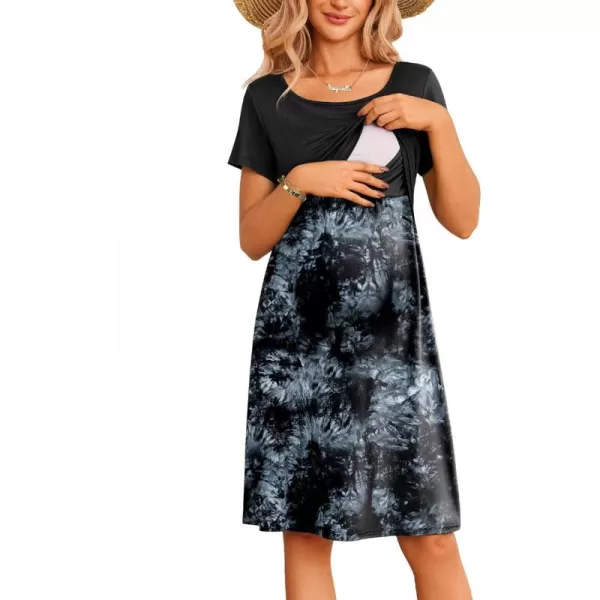 Ekouaer Womens Maternity Nursing Dress Short Sleeve Breastfeeding Dresses DoubleLayer Patchwork Breastfeeding ClothesBlacktie Dye