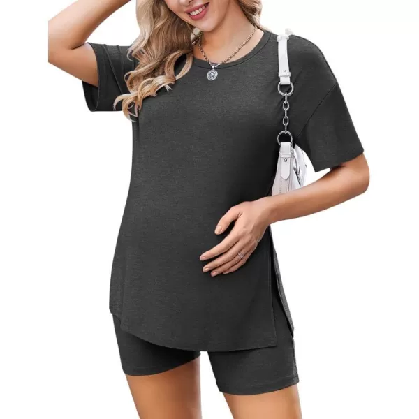 Ekouaer Womens Maternity Pajamas Sets 2 Piece Outfits Short Sleeve Shirts and Biker Shorts Pregnancy Loungewear Mama ClothesDark Grey