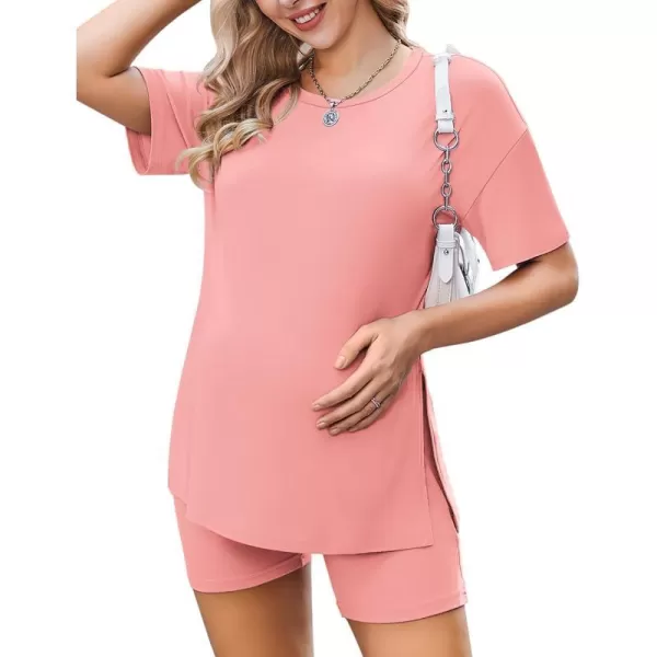 Ekouaer Womens Maternity Pajamas Sets 2 Piece Outfits Short Sleeve Shirts and Biker Shorts Pregnancy Loungewear Mama ClothesOrange Pink