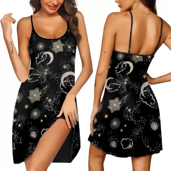 Ekouaer Womens Nightgown Pj Dress for Women Adjustable Spaghetti Chemise Sleeveless V Neck SleepwearBlack Sun Print