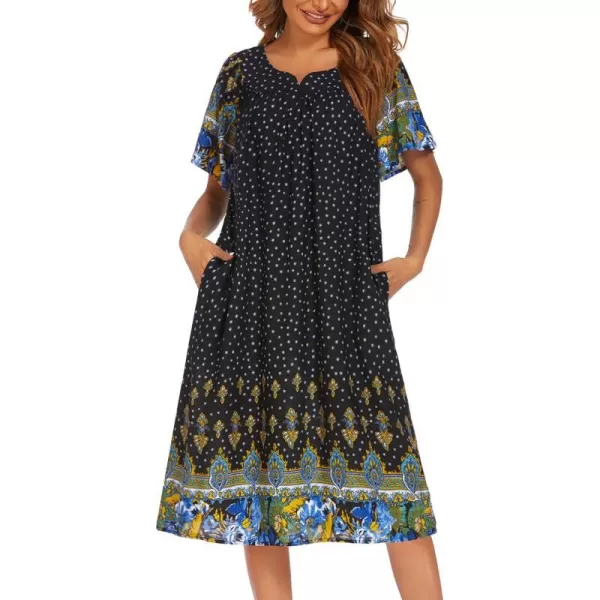 Ekouaer Womens Nightgown Short Sleeve House Dress with PocketsFloral Print Mumu DressBlack