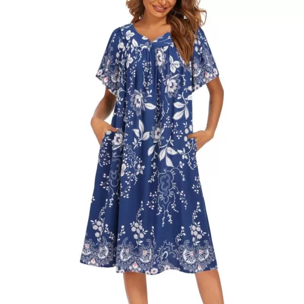 Ekouaer Womens Nightgown Short Sleeve House Dress with PocketsFloral Print Mumu DressEvening Blue Vines