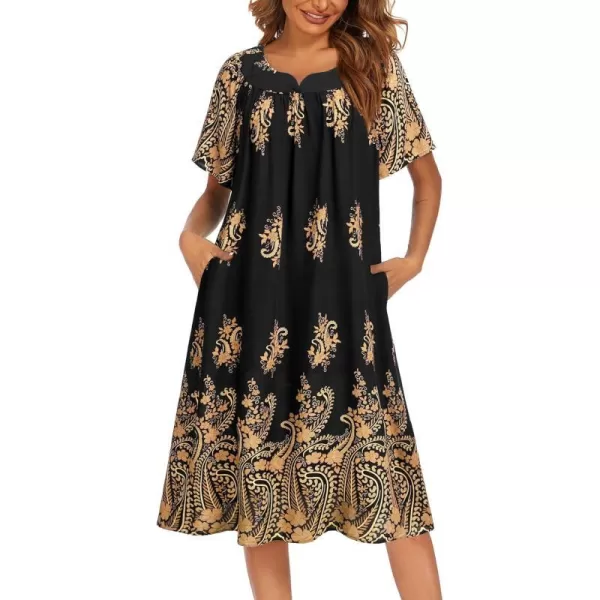 Ekouaer Womens Nightgown Short Sleeve House Dress with PocketsFloral Print Mumu DressFloral Black Gold