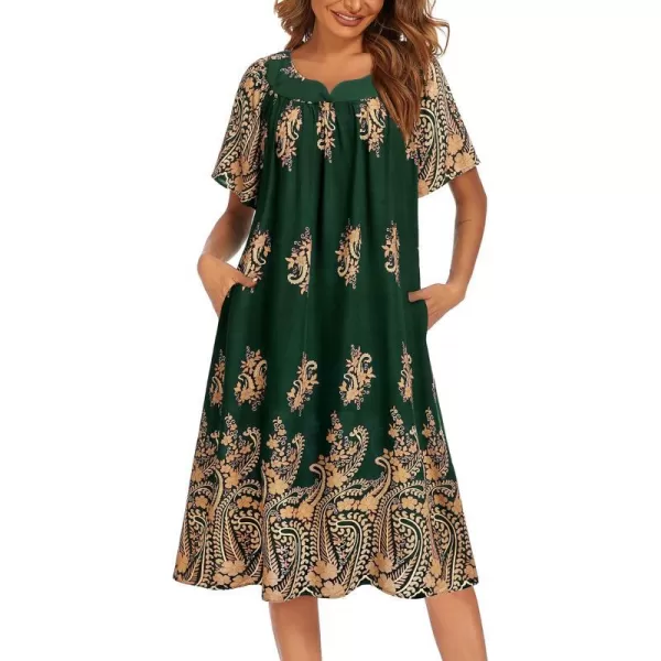 Ekouaer Womens Nightgown Short Sleeve House Dress with PocketsFloral Print Mumu DressFloral Green Gold