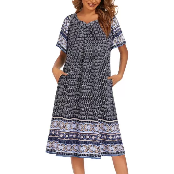 Ekouaer Womens Nightgown Short Sleeve House Dress with PocketsFloral Print Mumu DressFloral Navy Blue