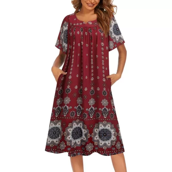 Ekouaer Womens Nightgown Short Sleeve House Dress with PocketsFloral Print Mumu DressFloral Wine Red