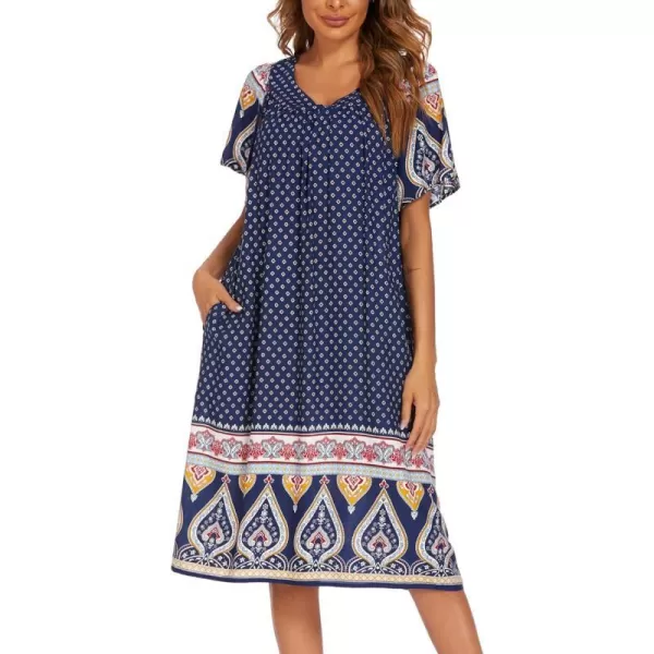 Ekouaer Womens Nightgown Short Sleeve House Dress with PocketsFloral Print Mumu DressNavy Blue