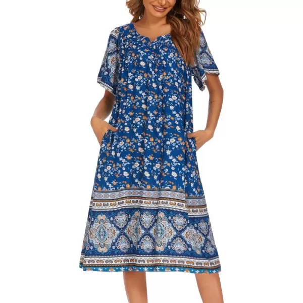 Ekouaer Womens Nightgown Short Sleeve House Dress with PocketsFloral Print Mumu DressRoyal Blue