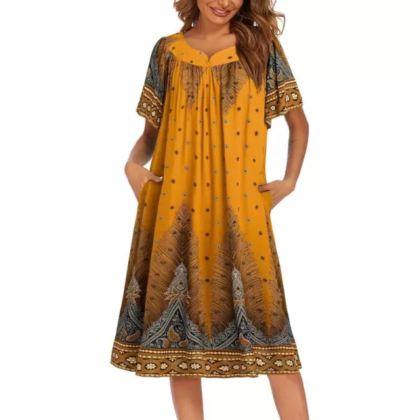 Ekouaer Womens Nightgown Short Sleeve House Dress with PocketsFloral Print Mumu DressYellow Feather