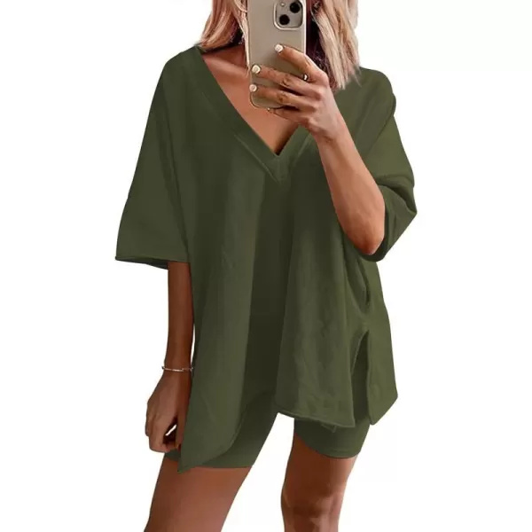 Ekouaer Womens Pajamas 2 Piece Lounge Sets Oversized V Neck TShirts Tops Biker Shorts Set Workout Reversible Tracksuit SXXLArmy Green