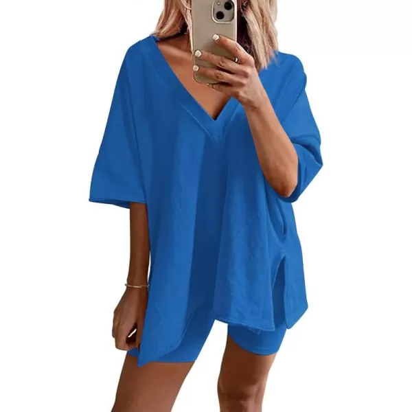 Ekouaer Womens Pajamas 2 Piece Lounge Sets Oversized V Neck TShirts Tops Biker Shorts Set Workout Reversible Tracksuit SXXLBlue