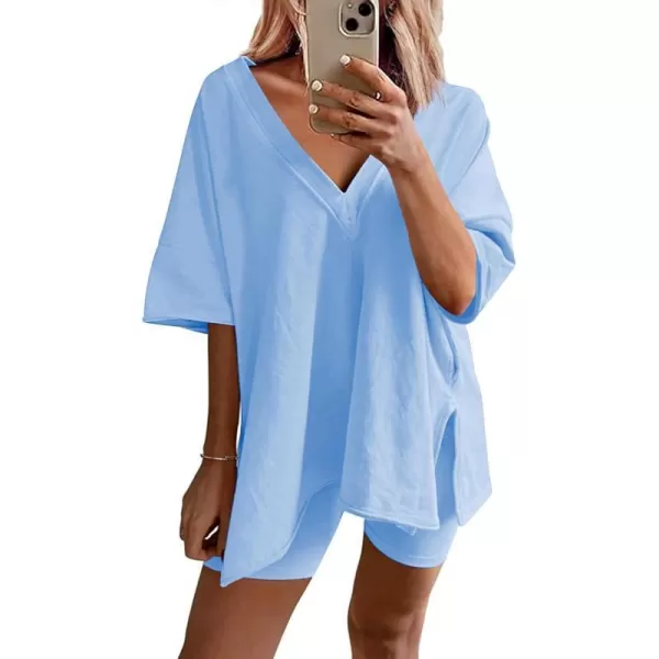 Ekouaer Womens Pajamas 2 Piece Lounge Sets Oversized V Neck TShirts Tops Biker Shorts Set Workout Reversible Tracksuit SXXLLight Blue