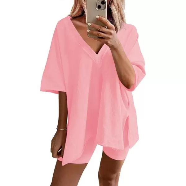 Ekouaer Womens Pajamas 2 Piece Lounge Sets Oversized V Neck TShirts Tops Biker Shorts Set Workout Reversible Tracksuit SXXLOrange Pink