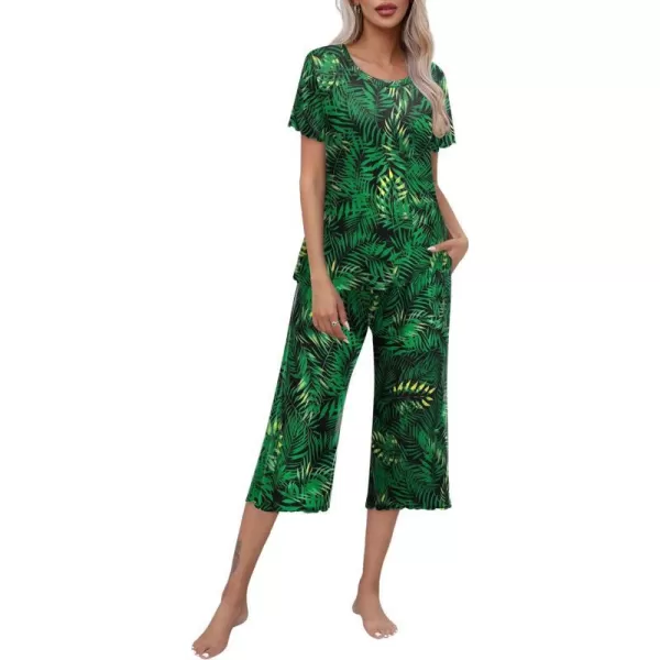 Ekouaer Womens Pajamas Set Short Sleeve Top With Capri Pants Pjs Lounge  Sleepwear Set SXXLBlackDark Green Leaves