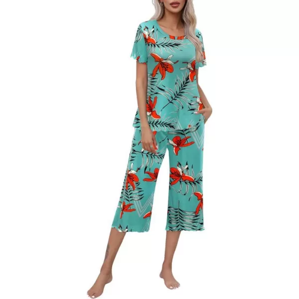 Ekouaer Womens Pajamas Set Short Sleeve Top With Capri Pants Pjs Lounge  Sleepwear Set SXXLLake BlueOrange Flower