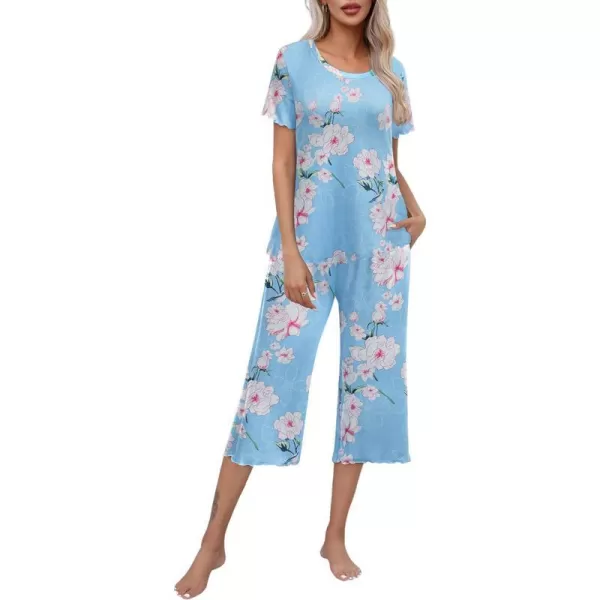 Ekouaer Womens Pajamas Set Short Sleeve Top With Capri Pants Pjs Lounge  Sleepwear Set SXXLLight BlueWhit Flower