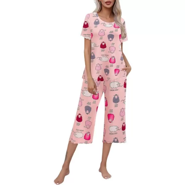 Ekouaer Womens Pajamas Set Short Sleeve Top With Capri Pants Pjs Lounge  Sleepwear Set SXXLPinkCute Sheep